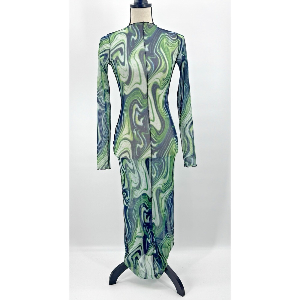 VTG Y2K Sheer Mesh Maxi Mock Neck Dress Small Marble Swirl Rave Fairy Grunge